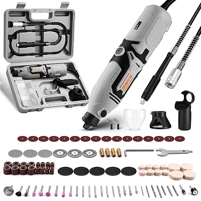 Rotary Tool Kit:DEKOPRO 170W Power Hand Rotary Tools with 6 Variable Speed, 127pcs Accessories, 8000~35000RPM Electric Grinder Drill Machine Set with Flex Shaft for Carving, Cutting, Sanding Gray