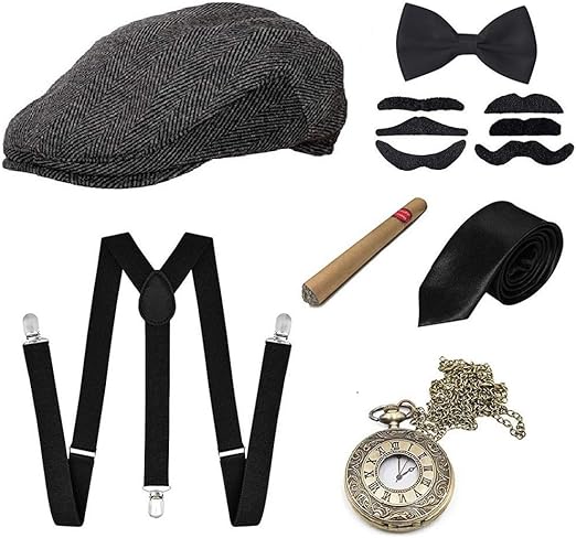Accessori da uomo anni '20, costume da gangster anni '20, rock, mafia flapper, set di accessori per trucco, bastone, occhiali, orologio da tasca, papillon, cilindro (grigio