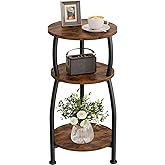 Yuede Small Round Side Table, 3-Tier Slim End Table for Small Spaces | 11.8in Compact Nightstand Accent Table Fits Coffee, Books or Home Decor Plants, for Living Room, Bedroom, Patio, Rustic Brown