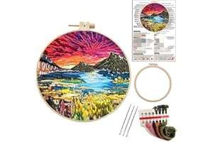 Liveish Landscape Drawing Embroidery Kits, Embroidery kit for Beginners Adults,Mountain Embroidery kit with Patterns and Instructions.(Magic Fire Cloud)