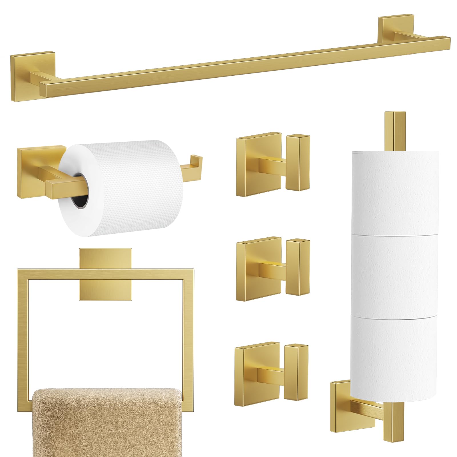 Photo 1 of TQKAG 7-Pieces Brushed Gold Bathroom Hardware Accessories Set 23.6" SUS304 Stainless Steel Towel Bar Set Toilet Paper Spare Rolls Storage Holder Wall Mounted