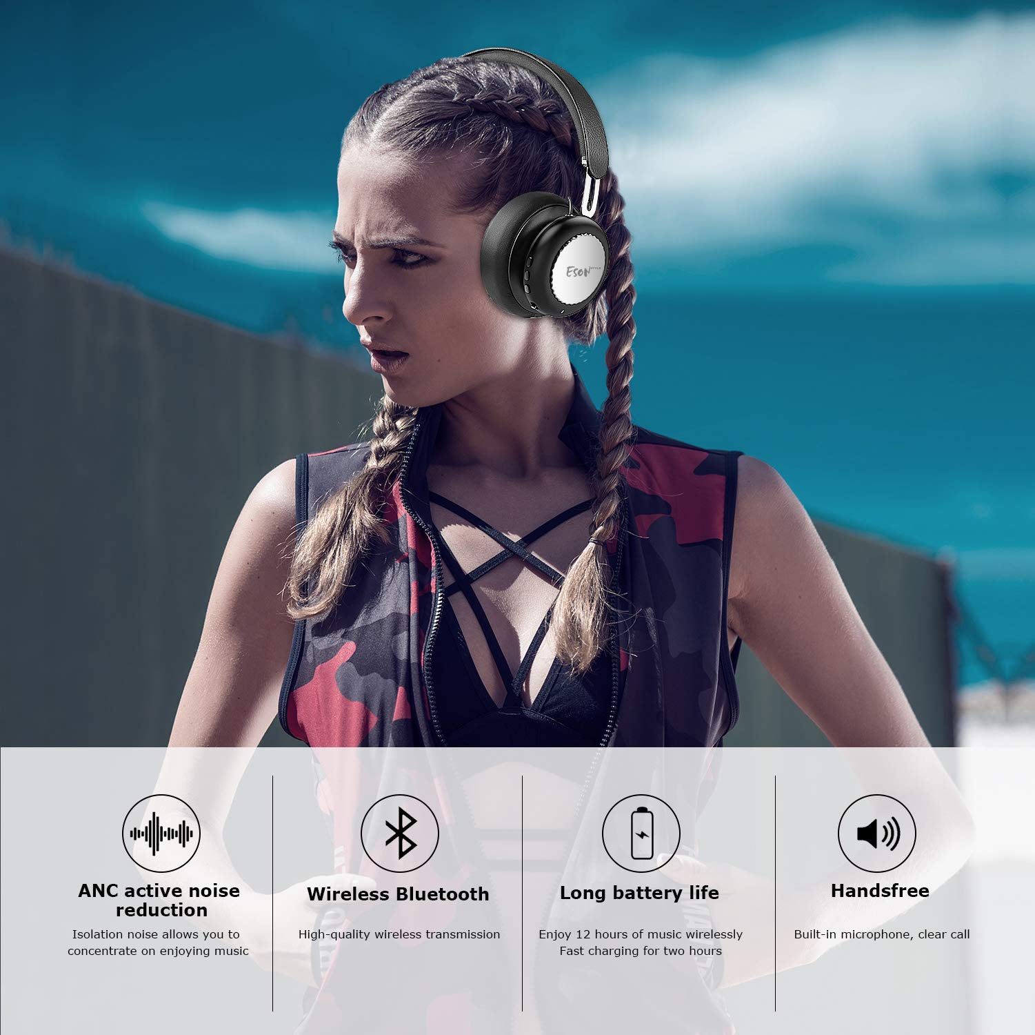 Esonstyle S9 Active Noise Cancelling Headphone Bluetooth Headphones with Mirophone Deep Bass Headset Comfortable Earpads for Travel Work TV (Silver)