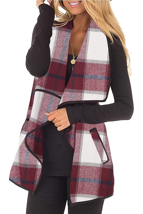 Womens Casual Lapel Open Front Plaid 