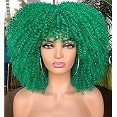 RunM Short Curly Afro Wig With Bangs for Black Women Kinky Curly Hair Wig Afro Synthetic Full Wigs(Green )