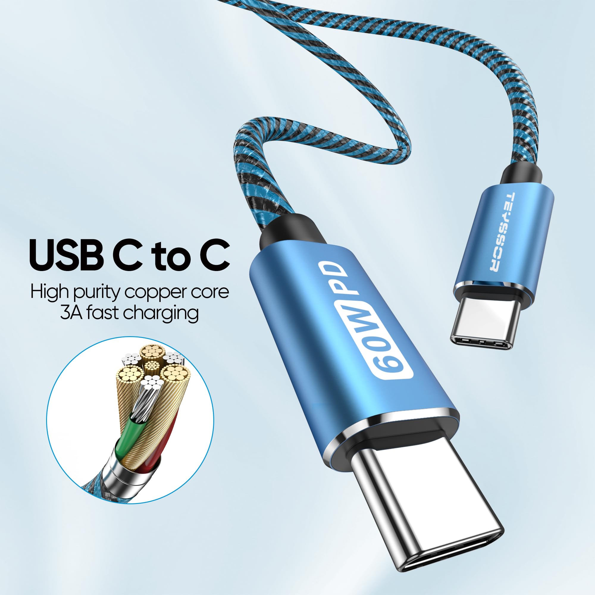 Teyssor 10FT 5-Pack USB C to USB C Cables, 60W Fast Charging, Compatible with Samsung S23/S22/S21, MacBook, Google Pixel, Smartphone, Tablet, Laptop