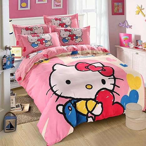 Amazon Com Warm Embrace Kids Bedding Teen Comforter Set Girls Children Bed In A Bag Hello Kitty Pink Duvet Cover And Pillowcase And Flat Sheet And Duvet White Full Queen Size 5 Piece Home Kitchen