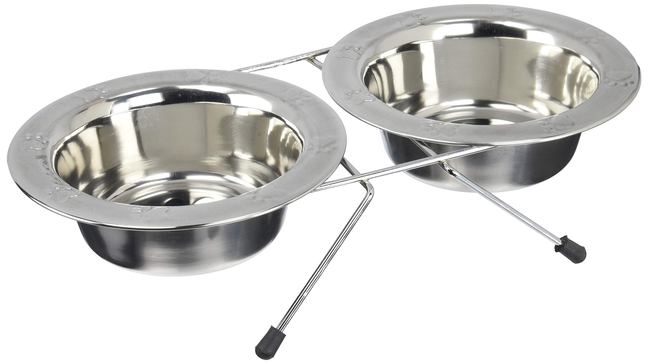 Rosewood Paw Embossed Wire Double Diner Bowls, Small – Raised Feeding Station for Cats and Small Dogs, Dual Stainless-Steel Food & Water Bowls for Pets with Stand