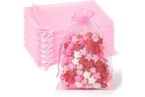 ENNIYU 100pcs Organza Gift Bags - Pink Satin Drawstring Mesh Bags, 4 x 6 inches Wedding & Christmas Favors, Jewelry Pouches
