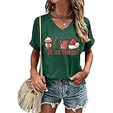 Christmas Graphic V Neck T Shirt for Women Christmas Tree Xmas Gift Cute Tee Tops Casual Holiday Short Sleeve Shirts
