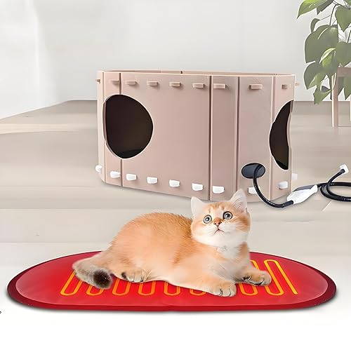 Large Foldable Heating Cat House 23 * 13 * 12 inch, Heated Cat House for Indoor Outdoor Cats,with 11 Adjustable Temperature Heated pet matheating pad Included