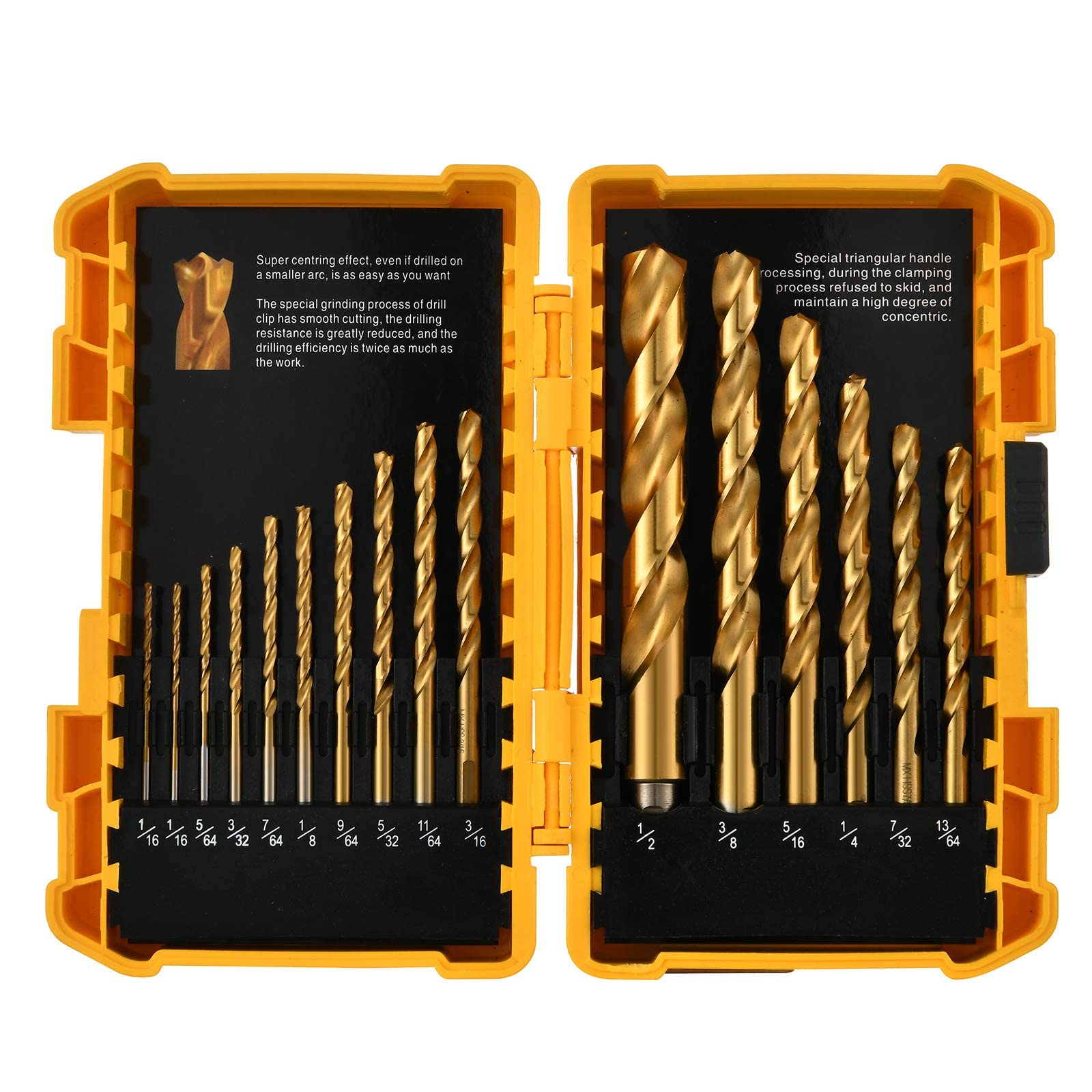 HUAZHICHUN Drill Bit Set, 16PCS Titanium Impact Twist Drill Bit Set with Tough Case, HSS Twist Drill Bits Kit for Soft Metal, Wood, PVC (1/16" - 1/2"), Christmas Gift