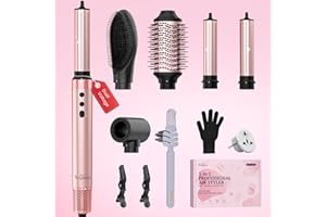 Brightup Dual Voltage Air Wrap Hair Styler - 5 in 1 High Speed Hot Air Styler 1400W Blow Dryer Brush, Negative Ions, Cool Shot Button, Curler, Volumizer, Straighter, No Heat Damage, with Travel Bag
