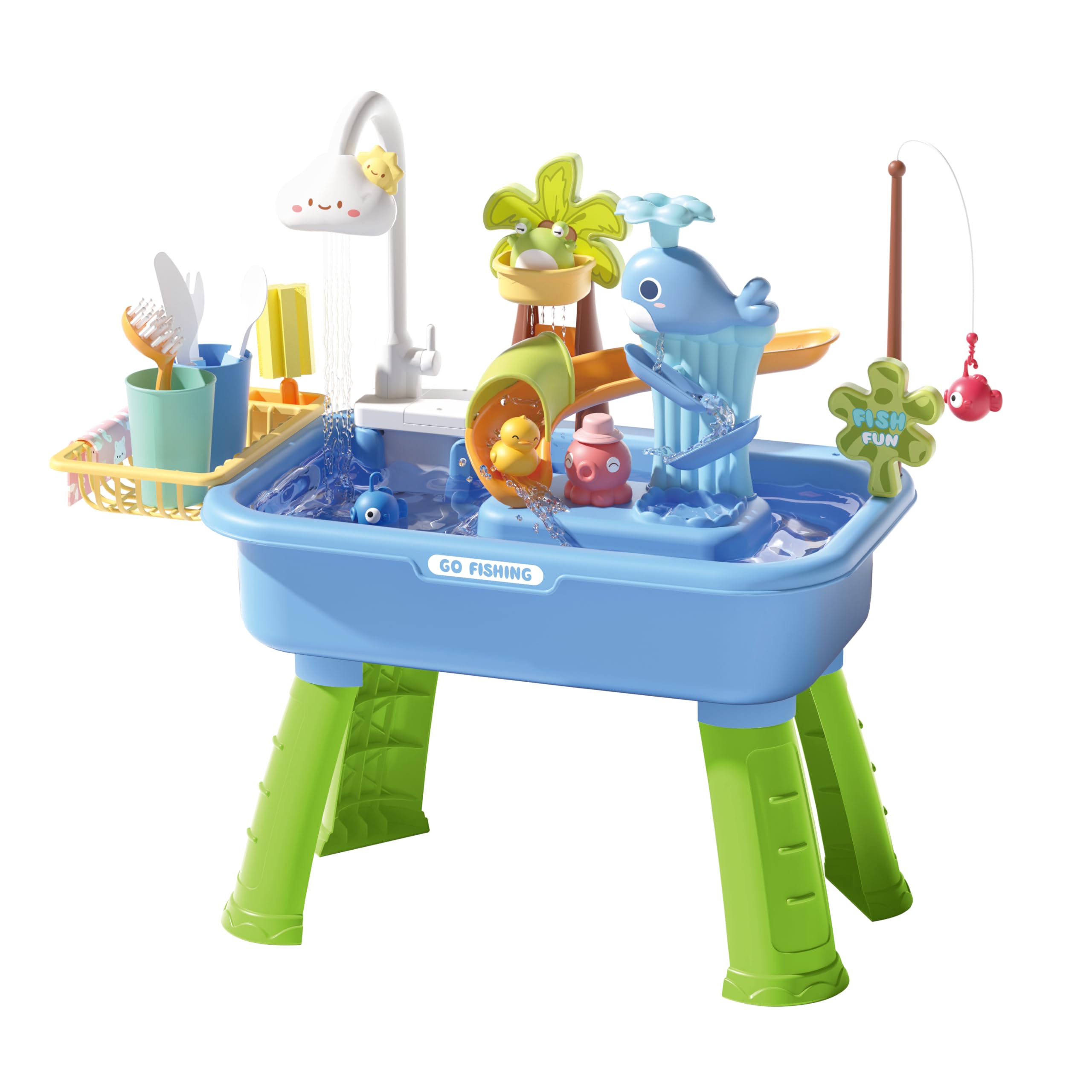 Water Table Toys for Toddlers 3+ - 43 PCS Summer Outdoor Games Sensory Toys for Boys Girls Birthday Gifts, Sand Beach Playset with Electric Water Pump & Fishing Toy & Kitchen Play Sink Toy, Yellow