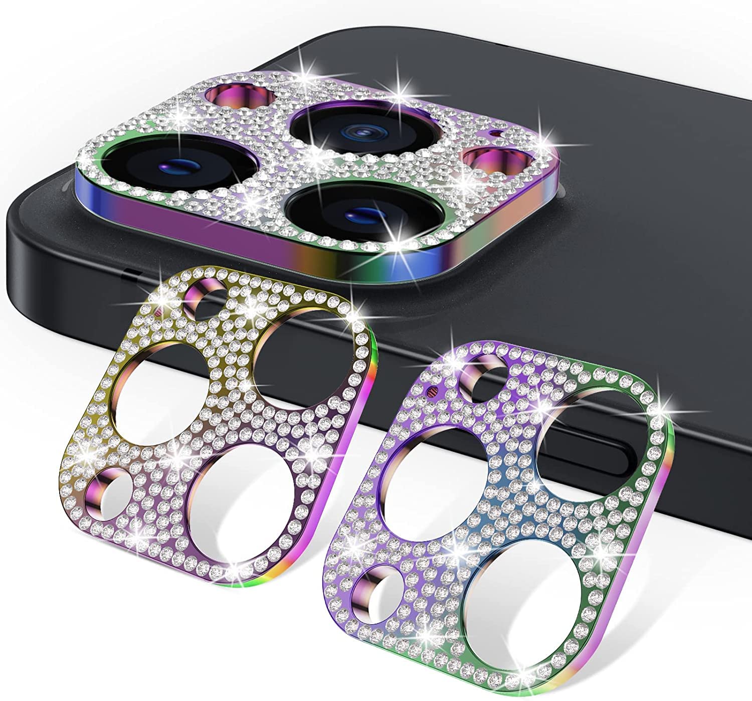 wlooo [2 Pack] iPhone 13 Pro/iPhone 13 Pro Max Camera Lens Protector, Glitter Bling Diamond Crystal Metal Screen Protector Camera Cover Scratchproof Protective Lens Protectors (2 Colorful)