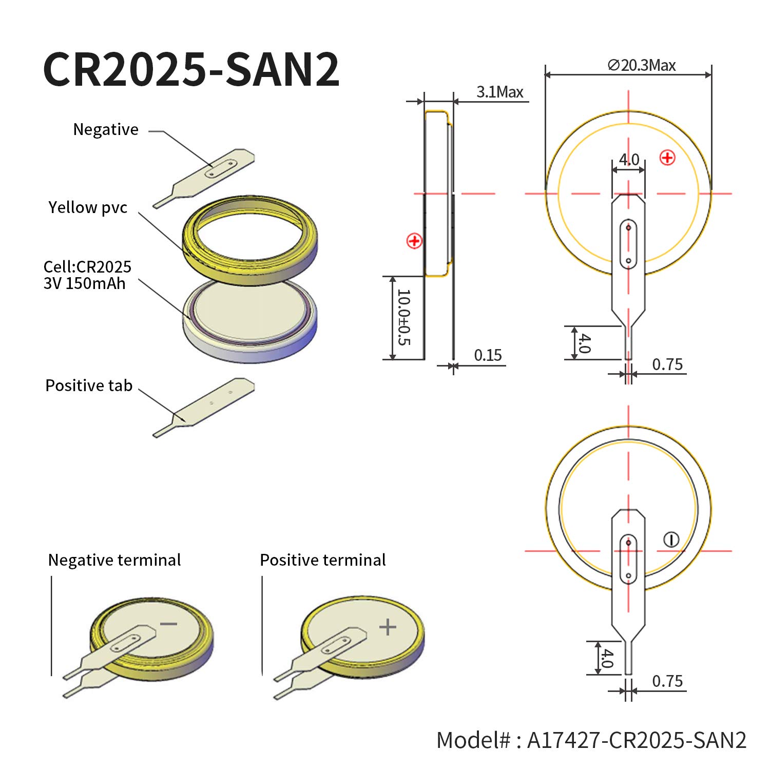 EEMB 10-Pack Tabbed CR2025 3V Lithium Coin Batteries Solder Tabs - Tabbed Replacement Battery, UL Certified