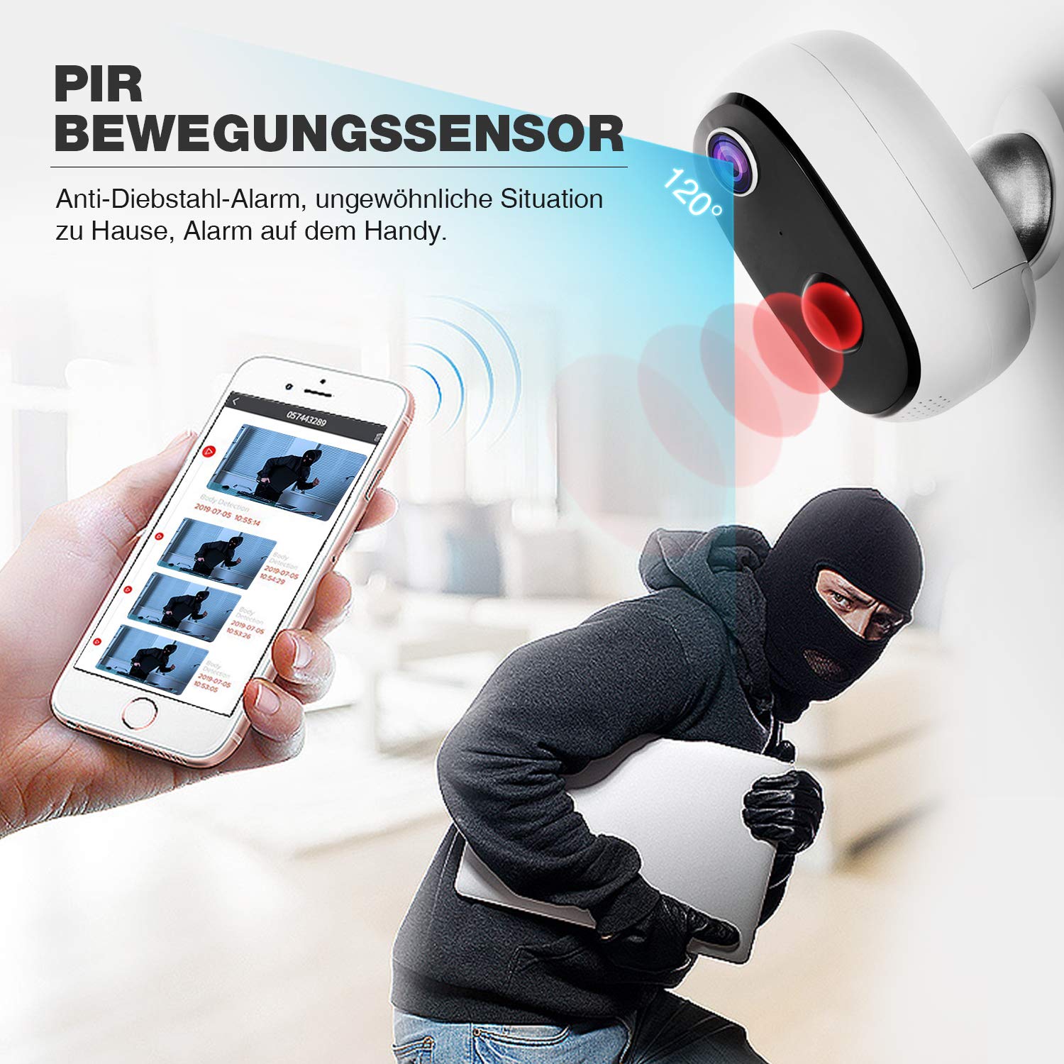 Überwachungskamera mit Solarpanel, 1080P Akku Kabellos Outdoor WLAN Kamera mit PIR-Bewegungserkennung, 2-Wege-Audio, Nachtsicht, integrierter SD-Steckplatz, IP65 wasserdichte