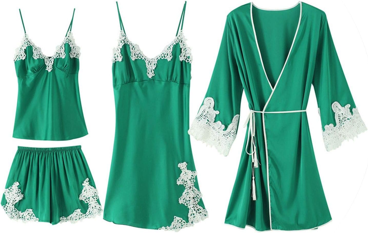 Pajamas Women Appliques 4Pcs Silk Set Satin Pyjamas Shorts Sexy Lace Pjs Sleepwear Home Clothes
