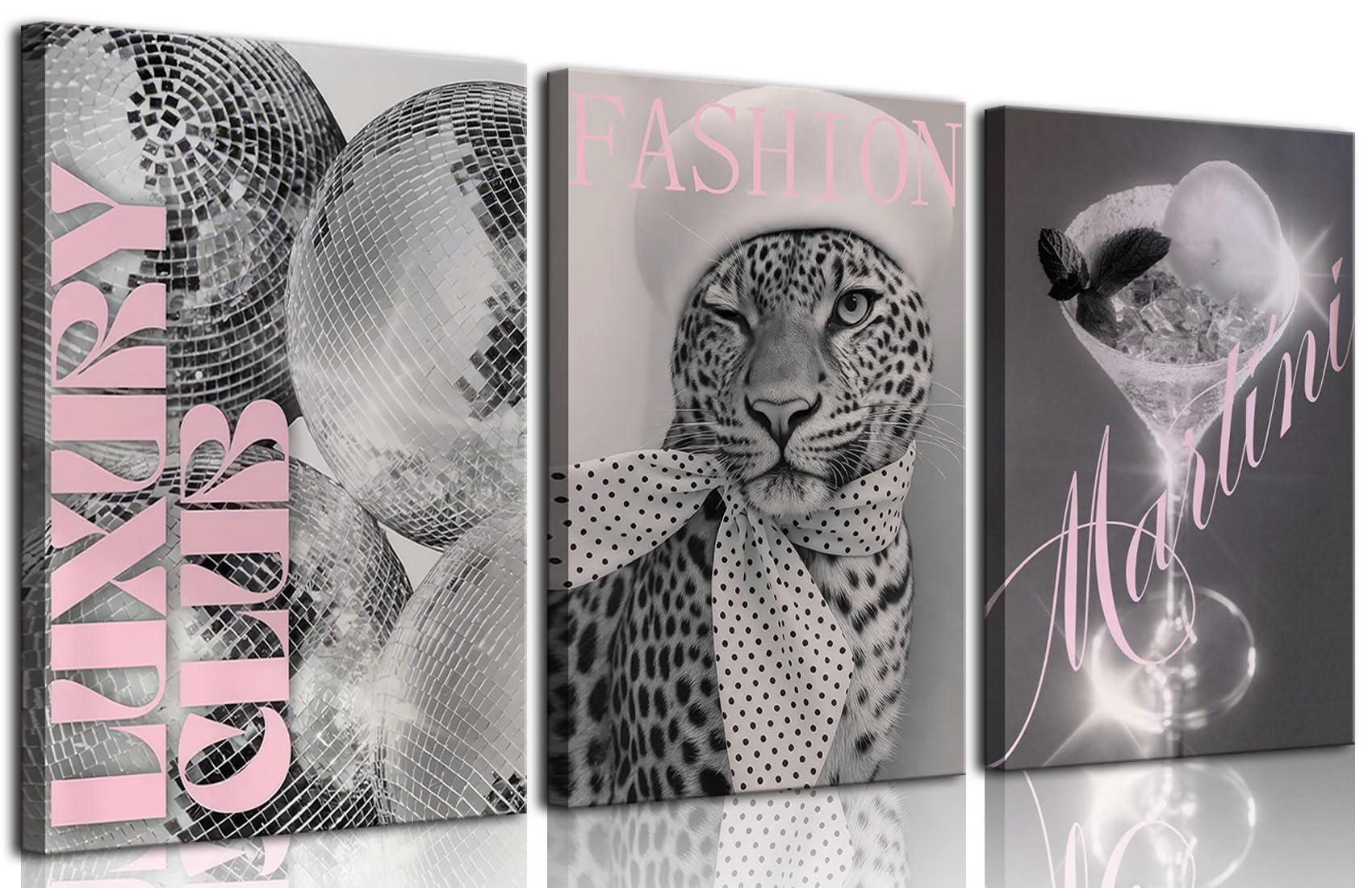 3Pcs Trendy Leopard Canvas Wall Art Fashion Cheetah Martini Disco Ball Wall Decor Picture Pink Black