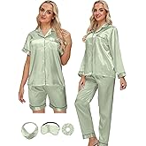 MORFORU Silk Pajama Set for Women 4 Piece Satin Pajamas Pjs with Eye Mask, Headband, Button Down Sleepwear Lounge Set