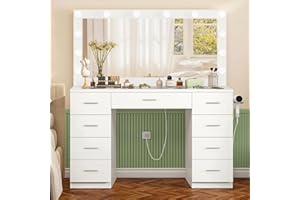 Vanity Desk with Glass Desktop and 9 Drawers, Makeup Vanity with Power Outlet and Large Lighted Mirror, Vanity Table with 12 