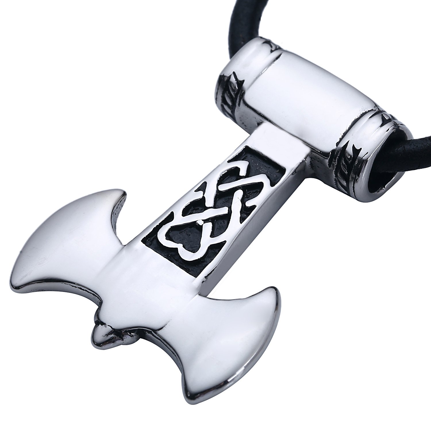 DonDon Men's Necklace Leather with Viking Axe Pendant Stainless Steel Silver in Velvet Jewellery Bag