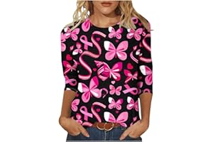 QotLoyi Breast Cancer Shirts for Women,Cute Ribbon Graphic Tees Fall 3/4 Length Sleeve Womens Tops Casual Crewneck Shirts