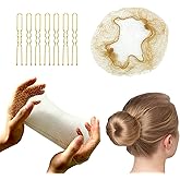 Golden U Shaped Hair Pins and Elastic Edge Mesh Hair Nets - Bun Shaper Set with 50 Pcs Nets and 10 Pcs Pins for Women's Buns