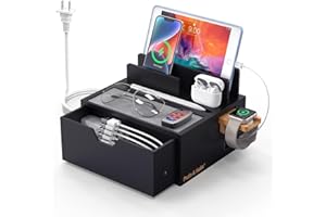 Pezin & Hulin Bamboo Charging Station for Multi Device with 5-Port USB Charger, Phone Docking Station with Lined Tray & Drawe