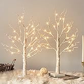Vanthylit White Birch Tree with LED Lights - Set of 2, Tabletop Tree with Timer, Christmas Decorations Lighted Tree for Indoor Mantel Home Decor (2 FT, 24 LED)