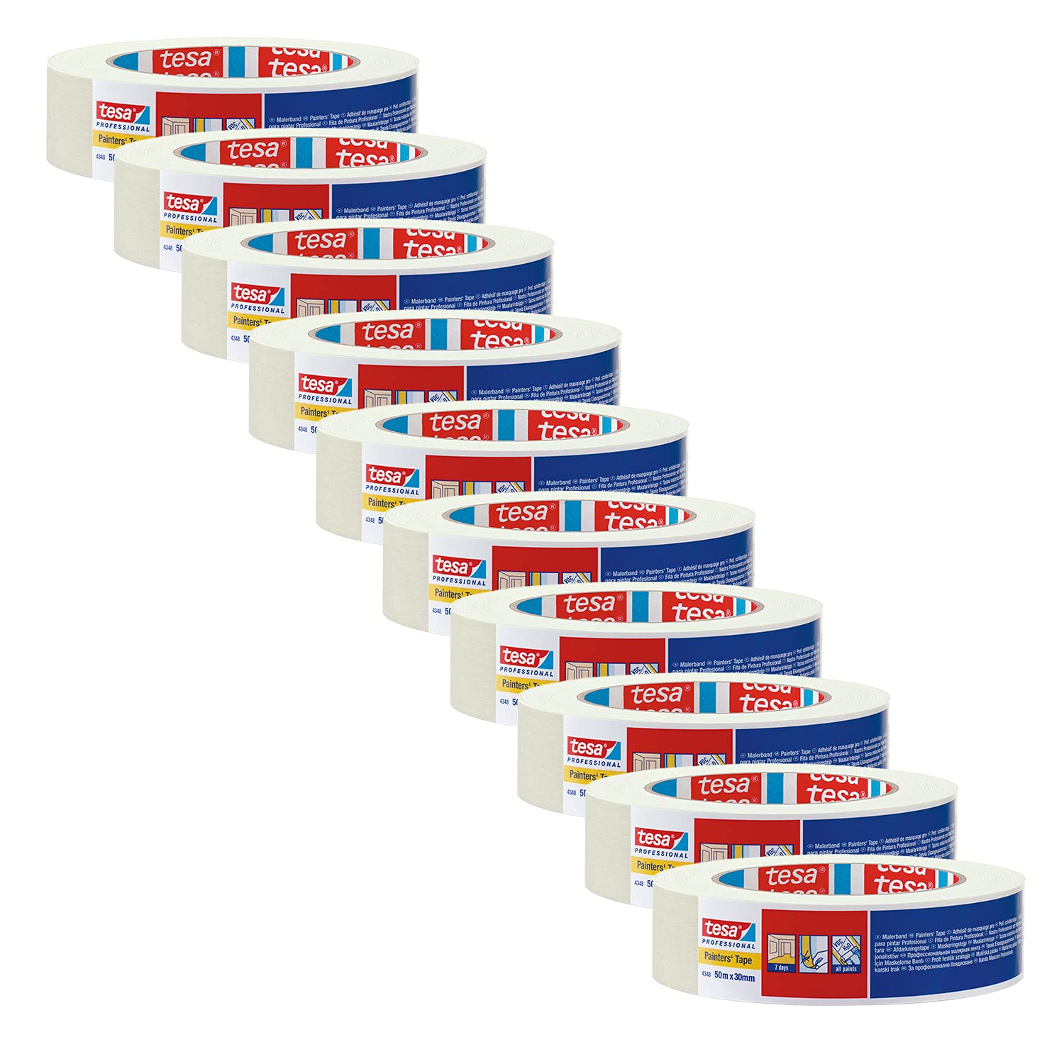 tesa krepp 4348 Standard - Pack of 10 - Painter's Masking Tape for Easy Indoor Painting - Painter's Tape for Masking and Covering - Light Beige - 50 m x 30 mm Each