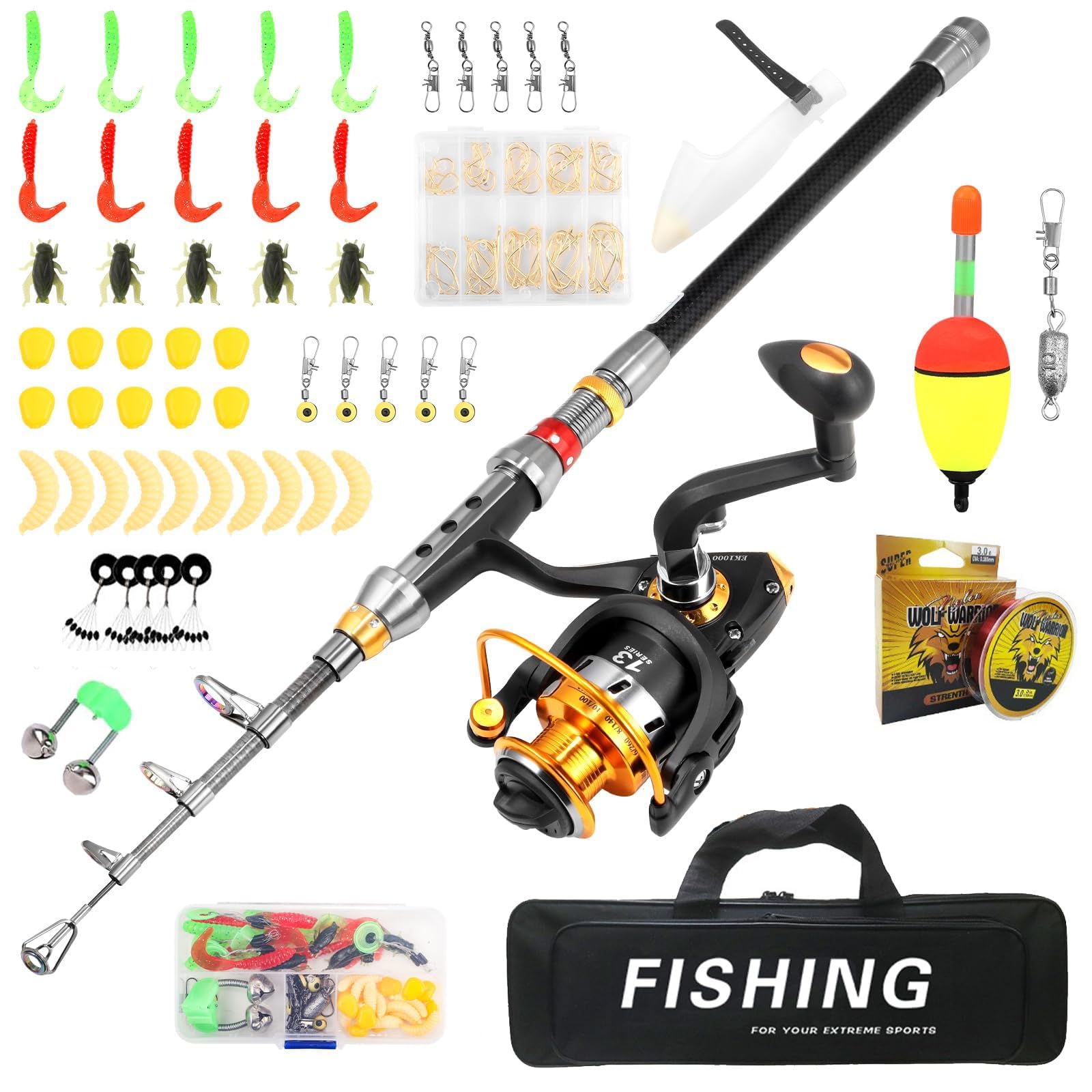 Telescopic Fishing Rod and Reel Combo - 1.8m Metal Rod, 3000 Spinning Reel With Carrier Bag, 100M Line, Lures, Hooks, Jig and Accessories