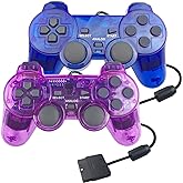 JINHOABF 2 Pack PS2 Wired Controller,Double Shock Gamepad Compatible with PS2 Controller(Clear Blue+Clear Purple)