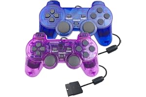 JINHOABF 2 Pack PS2 Wired Controller,Double Shock Gamepad Compatible with PS2 Console (Clear Purple and Clear Blue)