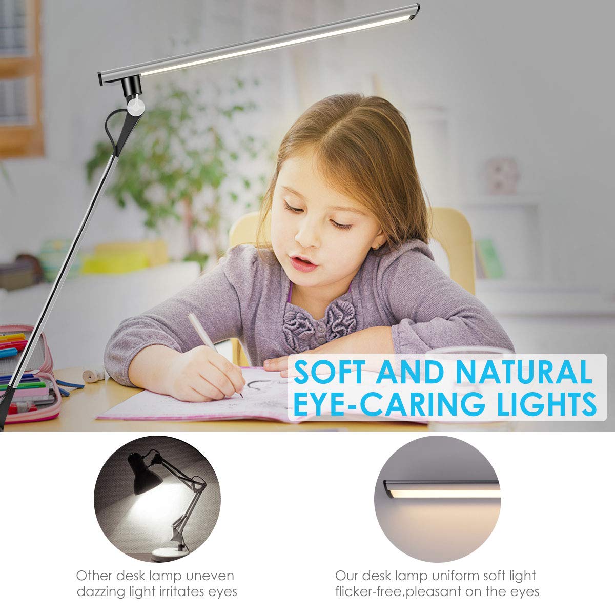 LED Desk Lamp, Joly Joy Dimmable Eye-Caring Swing Arm Lamps, 12W Full Metal Task Lamp with Clamp for Working Studying, 5 Color Modes, 5 Brightness Levels, Touch Control and Memory Function (Silver)