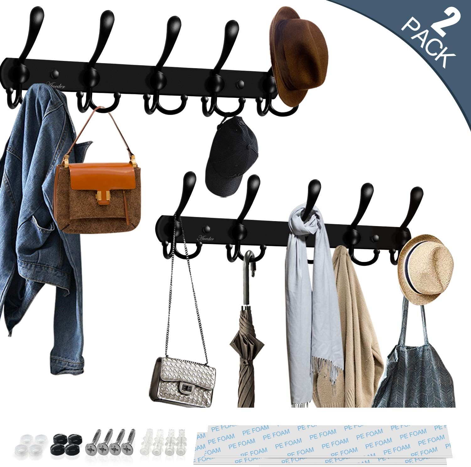 Coat Rack Wall Mount Hooks,ANEDER Hat Rack Metal Coat Hook