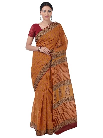 Finest Quality Cotton - Handmade Mustard and Maroon Bagh Print - Block Print Saree with Blouse Piece