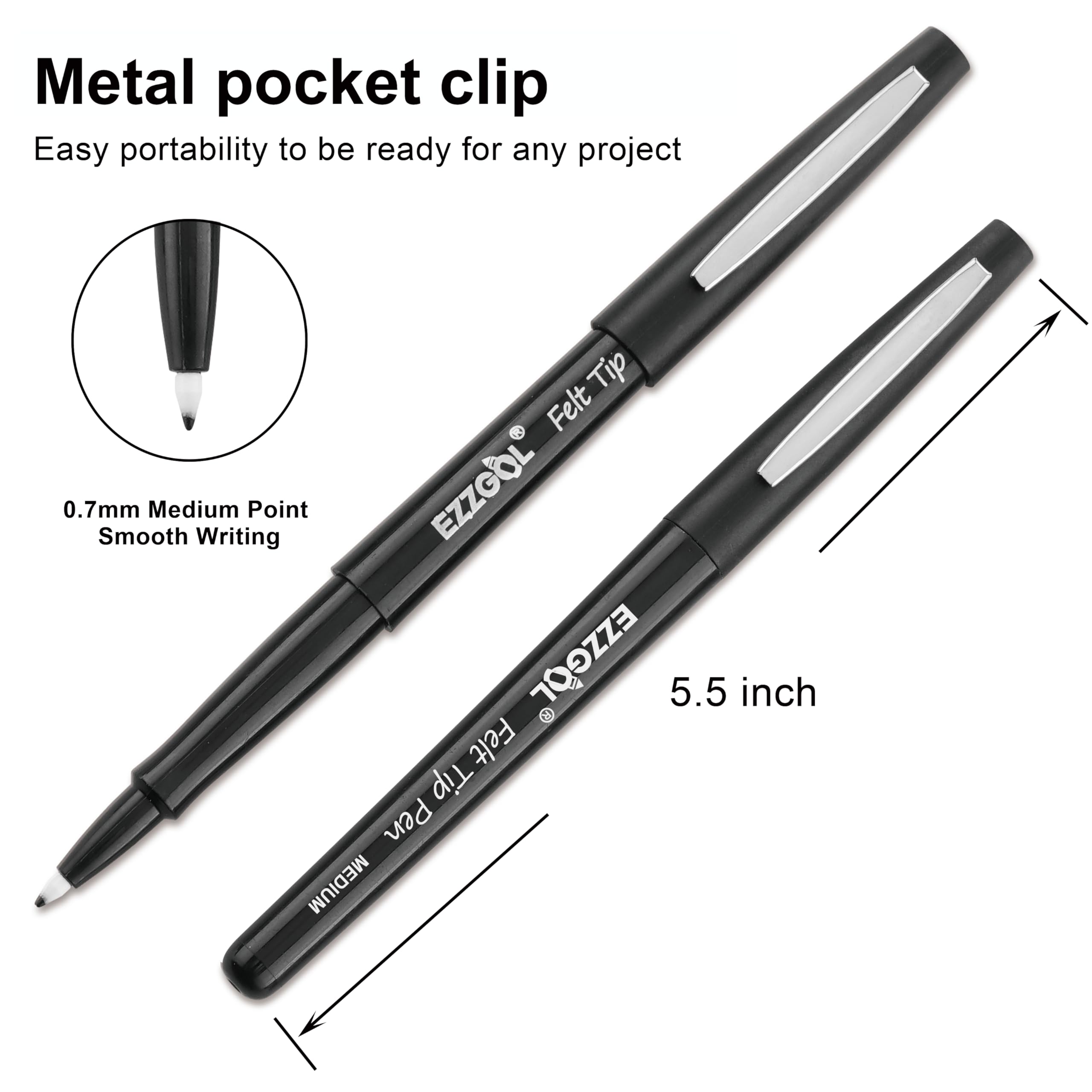 Black Felt Tip Pens, 30 Pack, 0.7mm Premium Medium Fine Point, Felt Tip Markers For Writing, Journal, Planner Coloring, Note Taking, Drawing, Art, School
