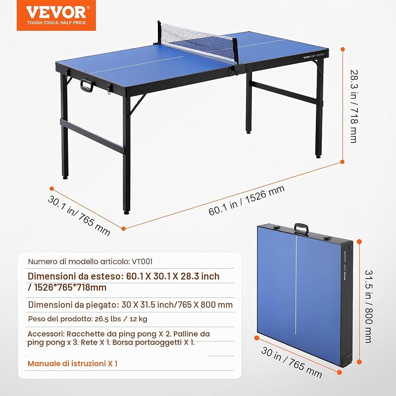 Tavolo da Ping Pong, Taglia Media, Set da Tavolo da Ping Pong Completo Portatile Pieghevole per Interni, con Rete, 2 Racchette, 3 Palline, Borsa per Trasporto, Maniglia (Non Richiede Montaggio)