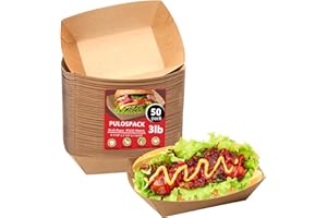 PULOSPACK 50 Pack 3lb Heavy Duty Kraft Leak Proof Paper Food Boats Disposable Nacho Trays Extra Large Food Serving Holder for Chips, Hot Dogs, Popcorn, Snacks, BBQ, Party, Picnic, Wedding