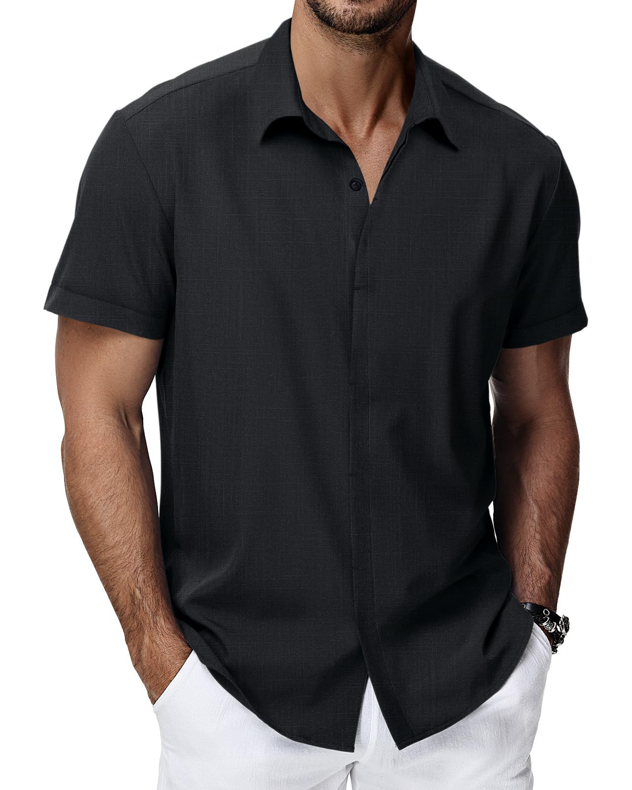 HMIYA Herren Hemd 100% Baumwolle Hemd Sommer Freizeithemd Businesshemd Regular Fit Kurzarmhemd,Schwarz,XL