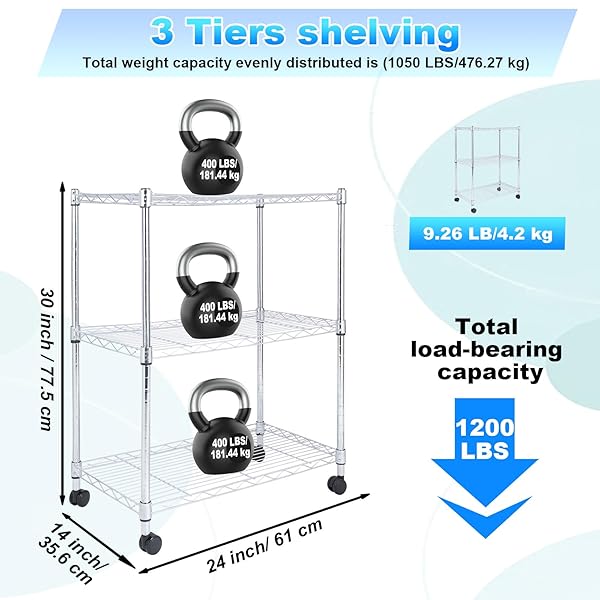WHITMOR 3 TIER STORAGE SHELVES, HEAVY DUTY WITH WHEELS, 400 LBS CAPACITY PER SHELF, MAX 1200 LBS TOTAL, ADJUSTABLE SHELVING UNIT FOR GARAGE, KITCHEN, BATHROOM, 24″ L X 14″ W X 30.5″ H, CHROME