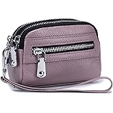 Genuine Leather Mini Genuine Leather Coin Pouch Wallet Wristlet Handbag hand strap clutch (Light Purple)