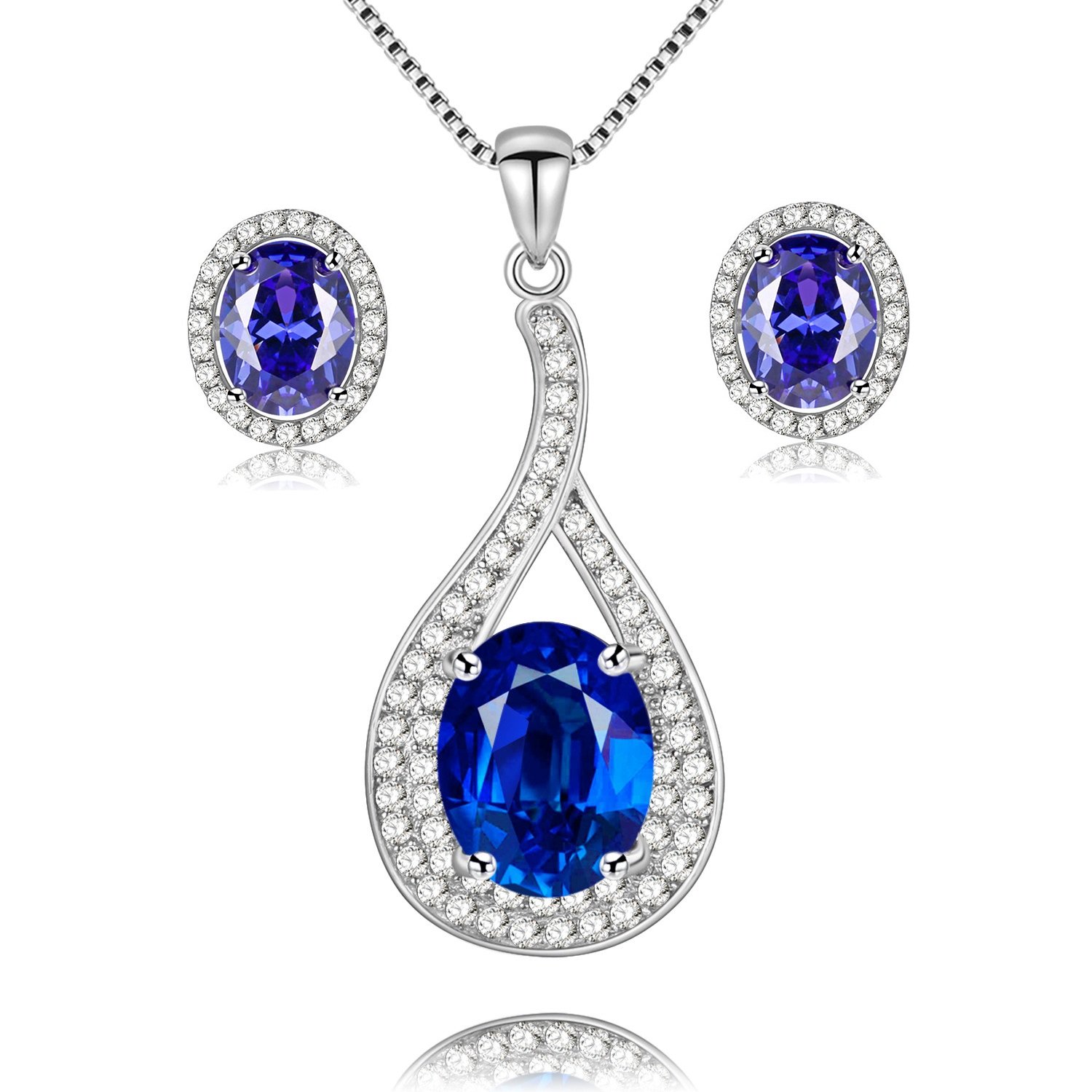 Uloveido 925 Sterling Silver Oval Cut Natural Blue Topaz Gemstone Teardrop Pendant Necklace Birthstone Stud Earrings Set with Clear Cubic Zirconia for Women Girls FT004