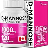 Fast-Acting D-Mannose with Cranberry Pills for UTI Treatment, Bladder and Urinary Tract Support, 1000mg per 2 capsule serving