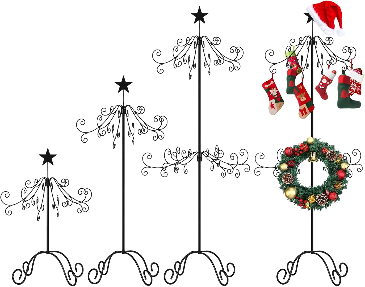 Tree Stands - Gulfmew Christmas Stocking Tree Stand 3 Adjustable Sizes Christmas Ornament Display Trees Metal Tree Display with Stars for Party Decoration Household Supplies, Black