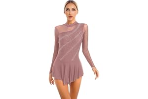 Shinsto Women's Glitter Rhinestone Sheer Mesh Patchwork Long Sleeve Figure Skating Dance Leotard Dress