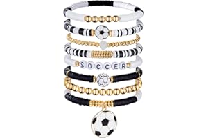Huquary 8 Pack Sports Bracelets for Women Mom Soccer Baseball Football Volleyball Basketball Stackable Heishi Clay Beaded Bracelet Accessories Fan Outfits Jewelry Gifts for Sports Party Favor