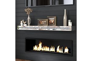 blingworld Fireplace Mantel Mirrored, 48" Glass Floating Mantel Shelf for Over Fireplace & Under TV, Gorgeous Crystal Crushed Diamond Wall Shelves for Living Room, Bedroom, Kitchen, Silver