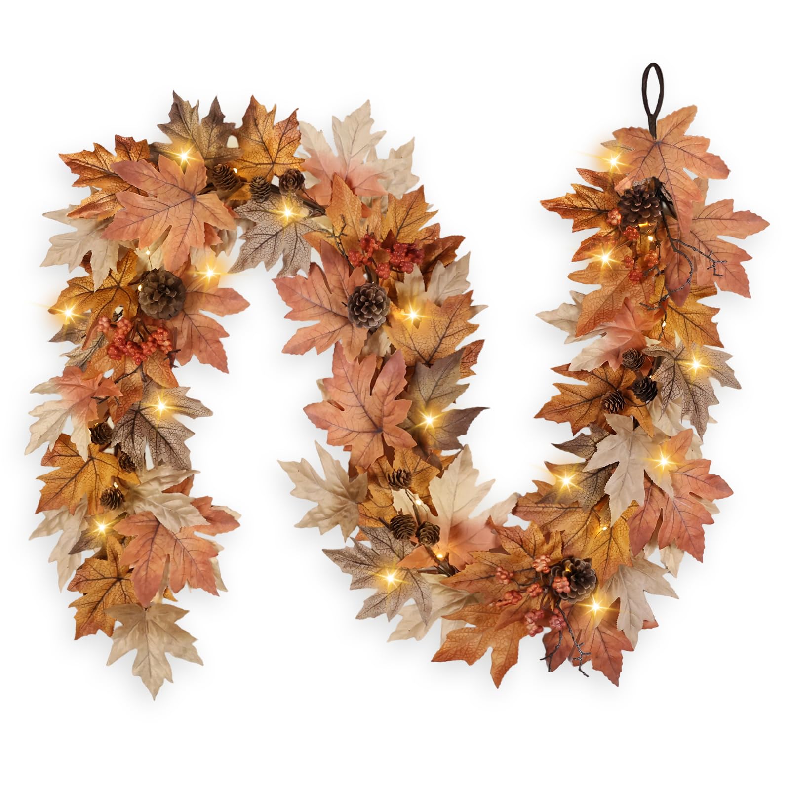 Photo 1 of 6 FT Fall Garland with Lights Timer Function Fall Leaves Garland with Berries Pine Cones Realistic Autumn Automatic ON/Off Timer Fall Decorations for Home Mantle Fireplace Porch Table
