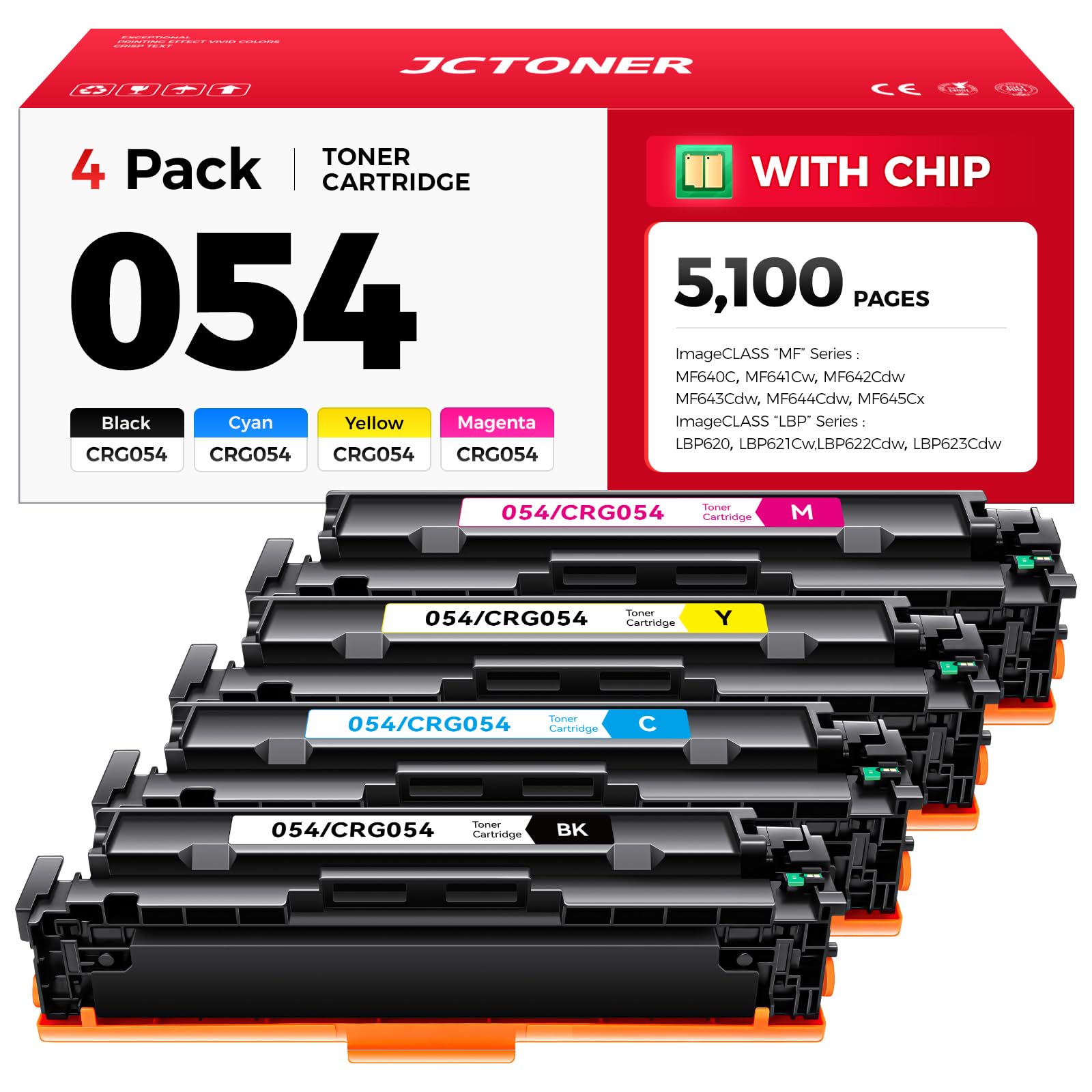 Photo 1 of 054 Toner Cartridge Set 4-Pack Replacement for Canon 054 CRG-054 054H Compatible with Canon ImageCLASS MF642Cdw MF644Cdw MF641Cdw LBP622Cdw LBP623Cdw MF641Cw Printer Ink chip Black Cyan Yellow Magenta